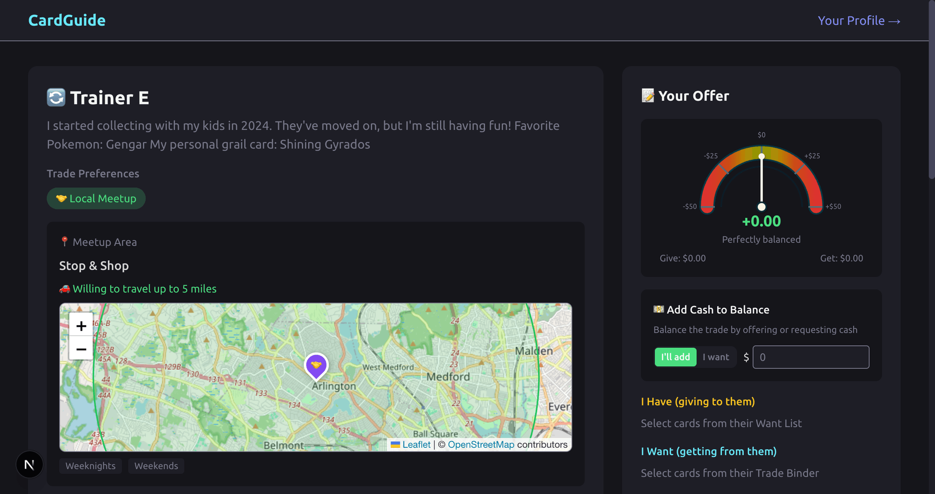 Trade Profile showing wants, haves, and trade balance gauge